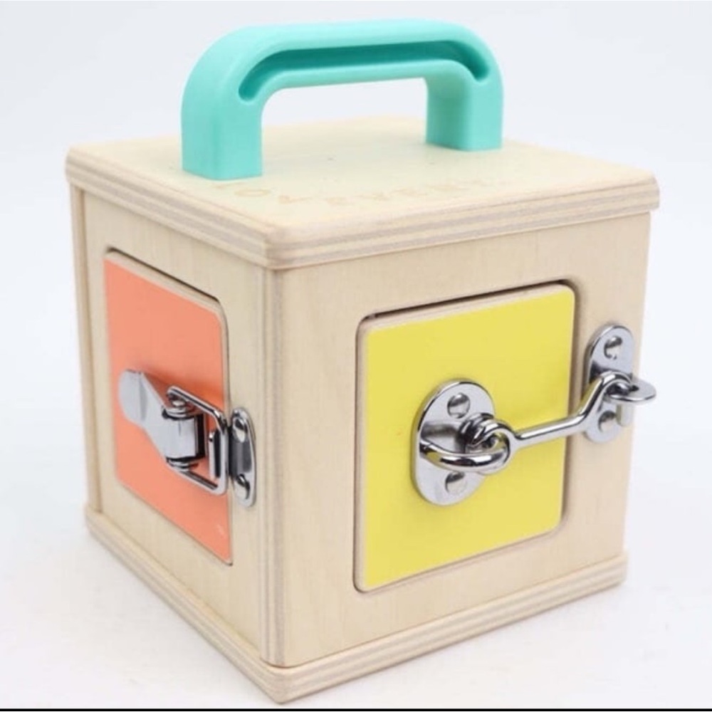 Wooden Activity Lock Box for Kids - Orange, Yellow, and Green